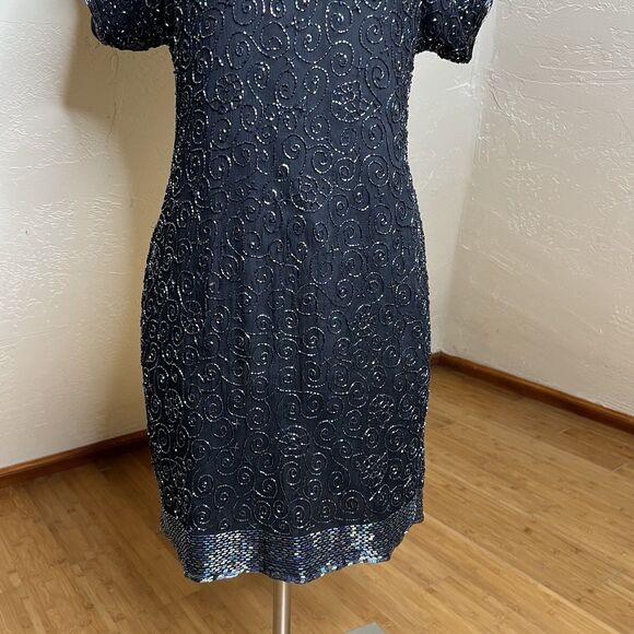 Laurence Kazar Dress Medium Petite Black Silk Rainbow Beaded Short Dolman Sleeve - Picture 8 of 11